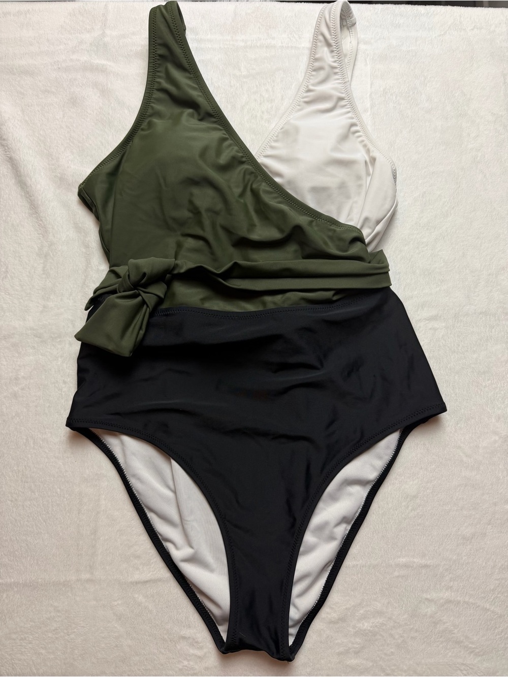 CUPSHE XL Colorblock One Piece Swimsuit Olive Black White Tie Waist